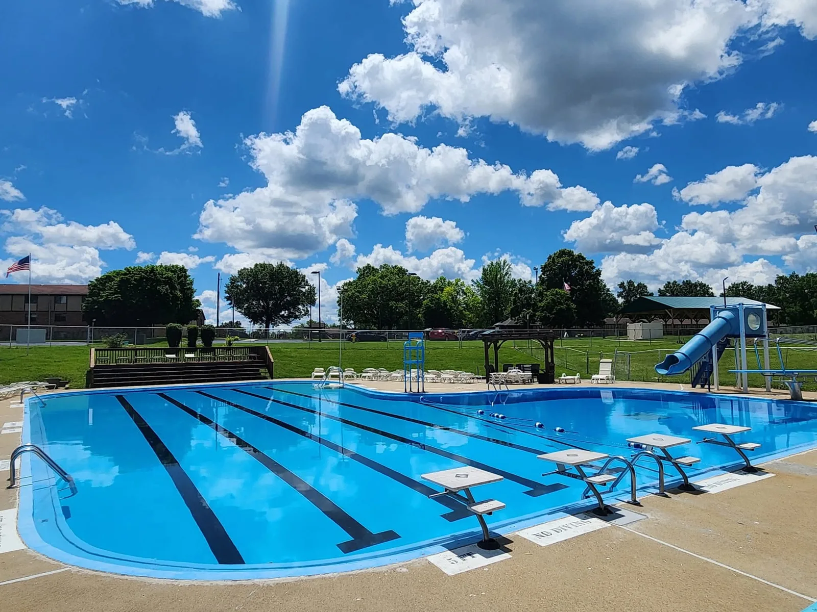 Wide view of Dorchester pool on a sunny day